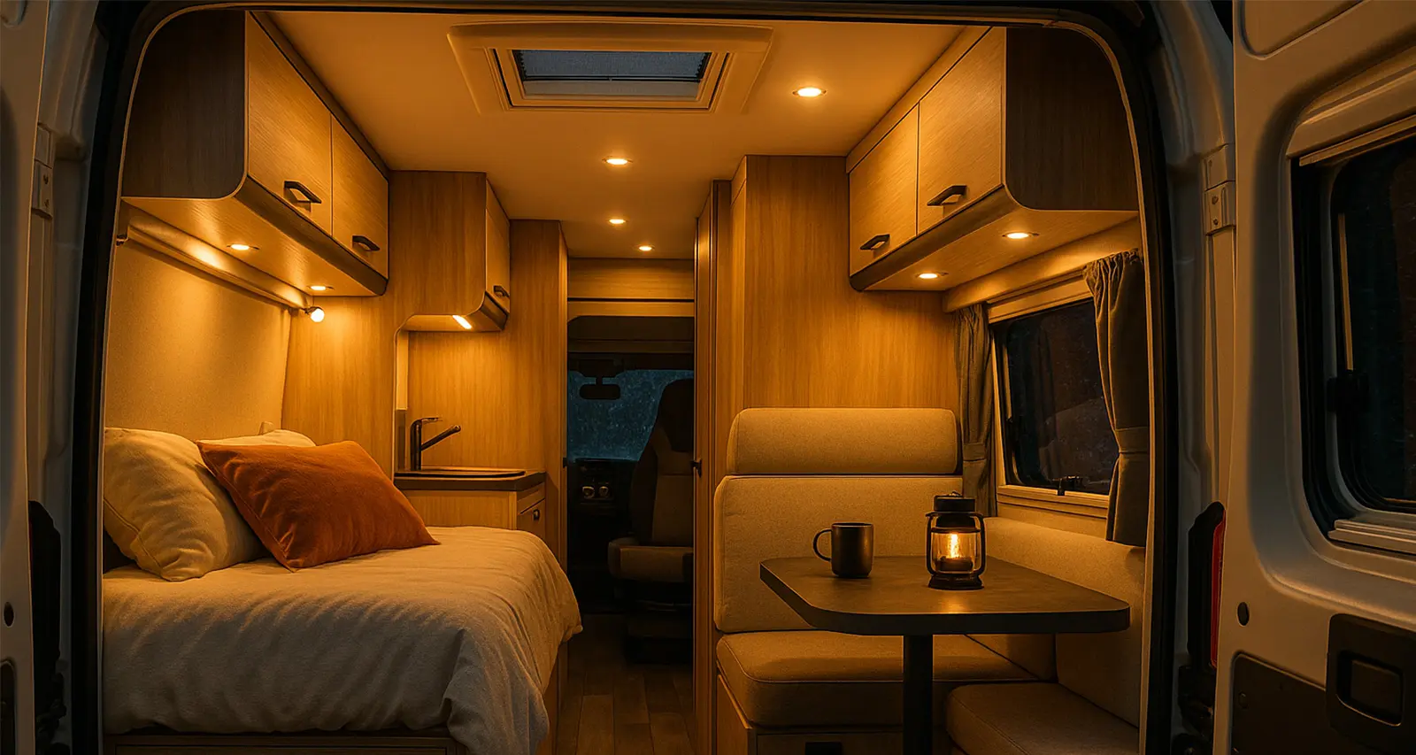 Interior de una camper en invierno con calefacción